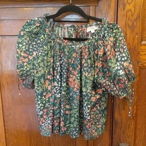 LOFT Dark Green Floral Puff-Sleeve Peasant Top